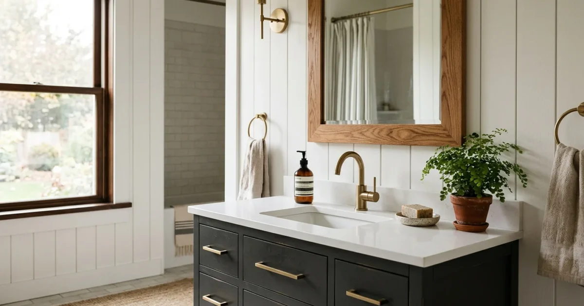 Editorial photograph of a modern bathroom vanity with a charcoal gray cabinet, brushed brass hardware, a wood-framed mirror, and a plant.