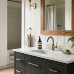 Editorial photograph of a modern bathroom vanity with a charcoal gray cabinet, brushed brass hardware, a wood-framed mirror, and a plant.
