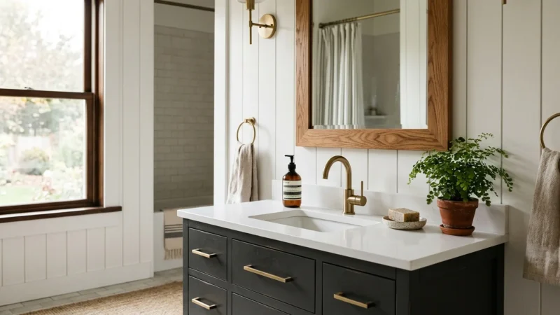 Editorial photograph of a modern bathroom vanity with a charcoal gray cabinet, brushed brass hardware, a wood-framed mirror, and a plant.