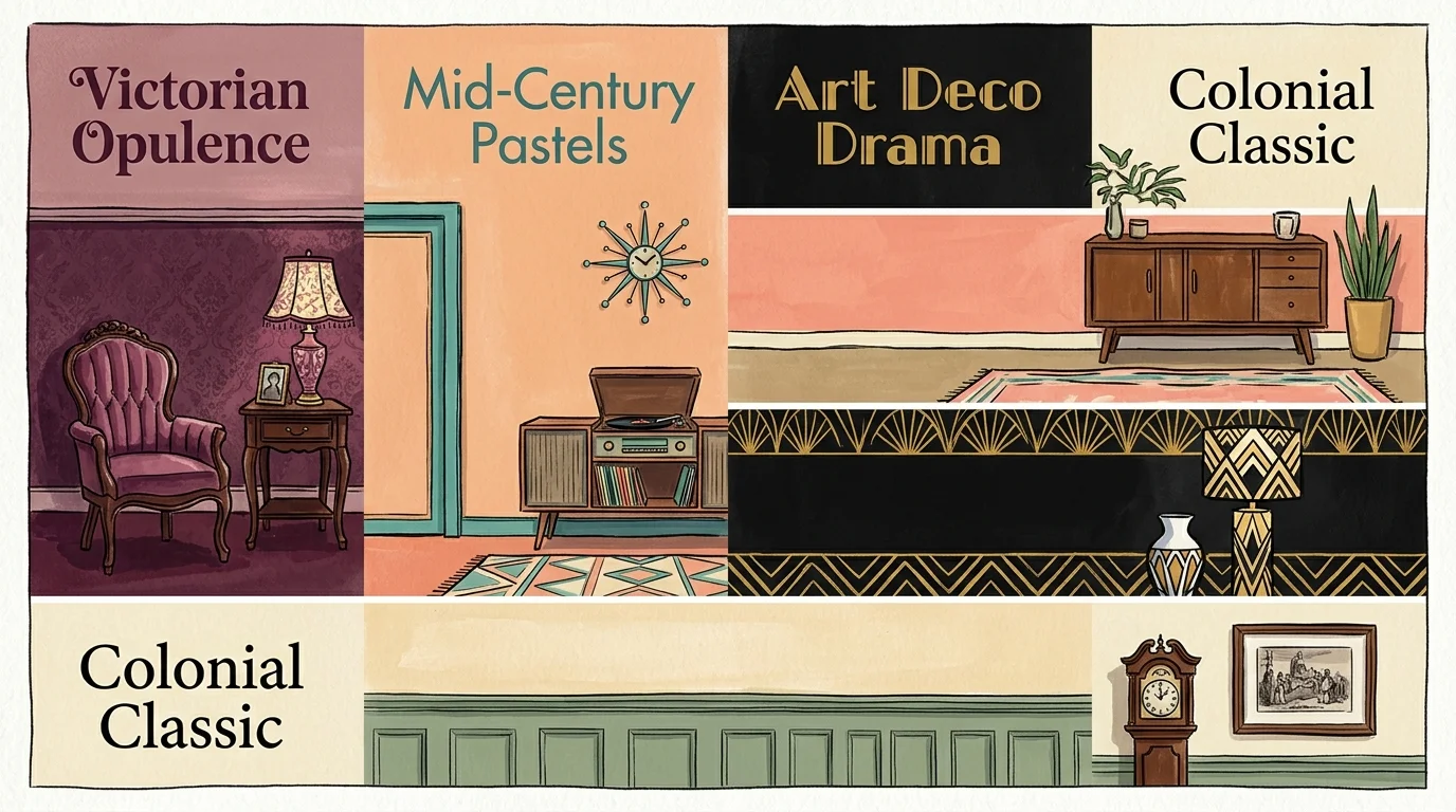 Four illustrated panels showing different historical color schemes: Victorian, Mid-Century, Art Deco, and Colonial.