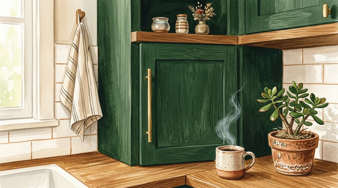 Gouache illustration of a forest green kitchen cabinet with a modern brass handle next to a steaming mug and houseplant.