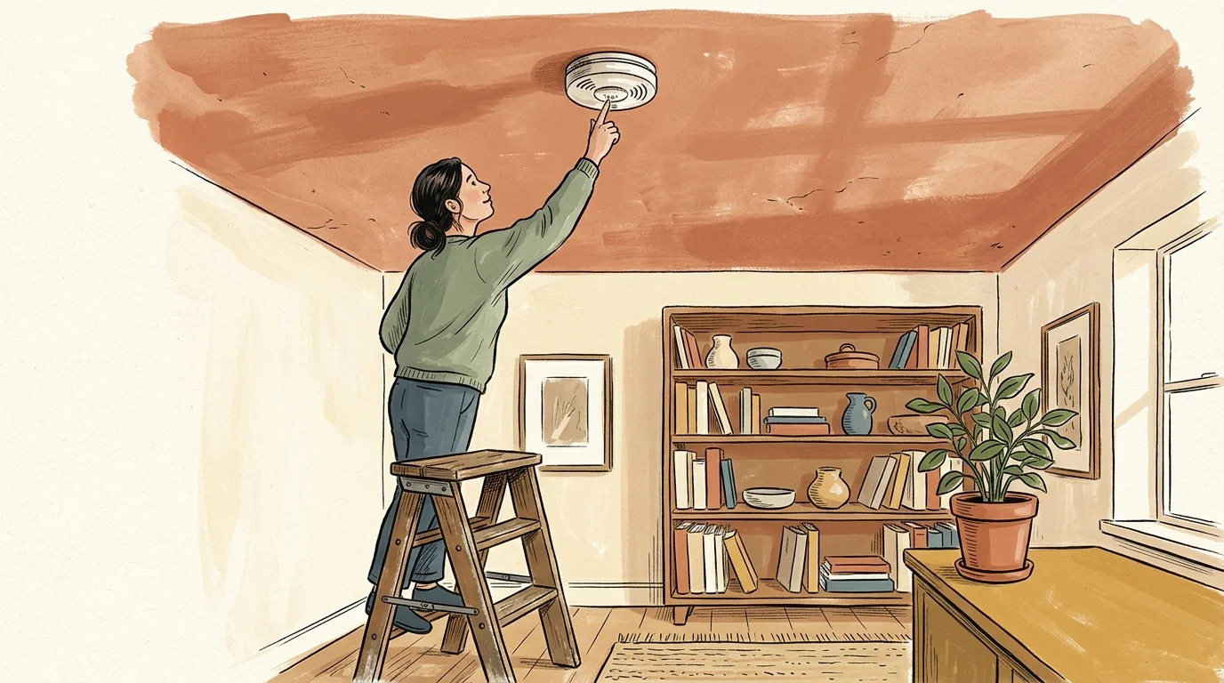 Gouache illustration of a person on a step stool reaching up to test a ceiling-mounted smoke detector.