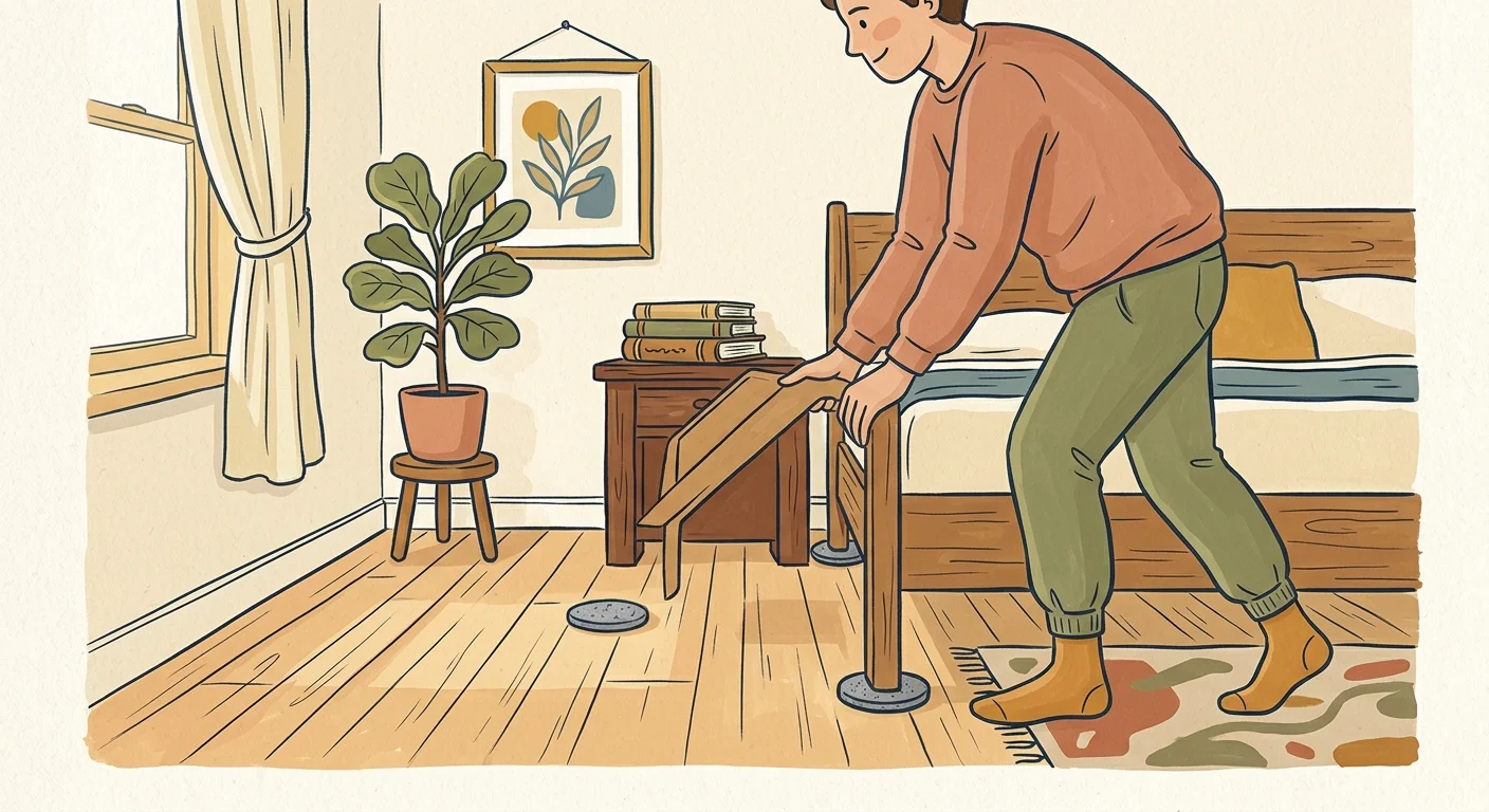 Illustration of a person easily sliding a wooden bed frame across a wood floor using felt furniture sliders.