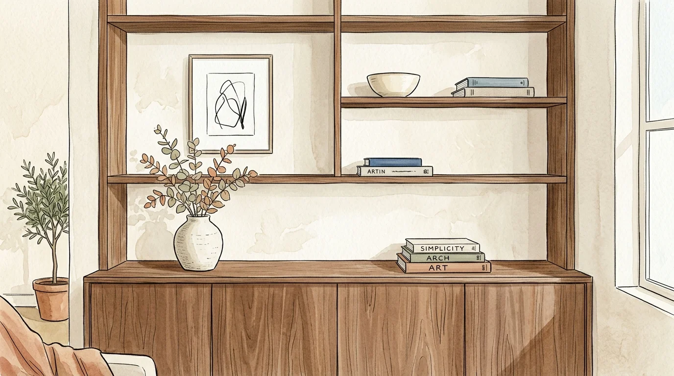 Illustration of a minimalist wooden built-in shelf decorated with a vase of eucalyptus, framed art, and stacked books.