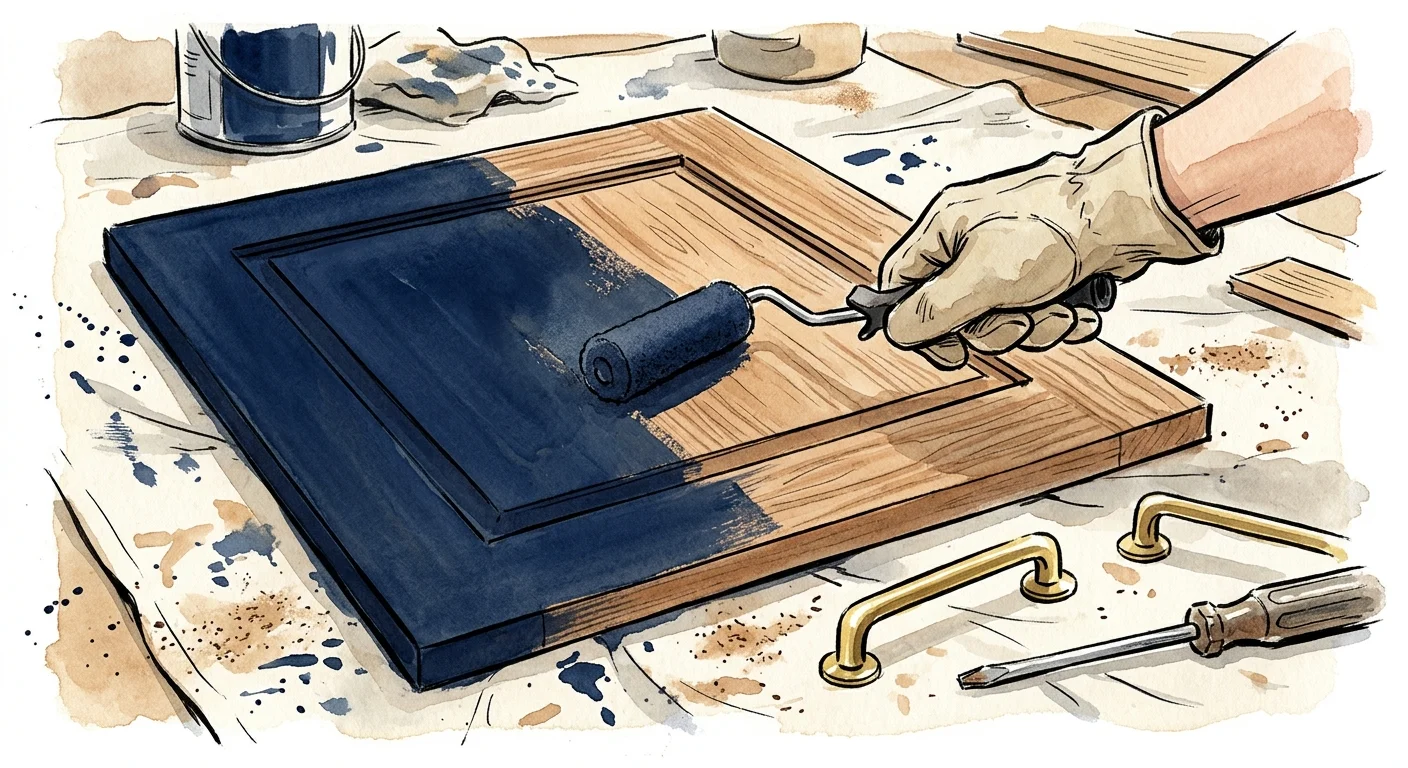 Ink and watercolor illustration of a hand painting a cabinet door navy blue next to new brass drawer pulls.