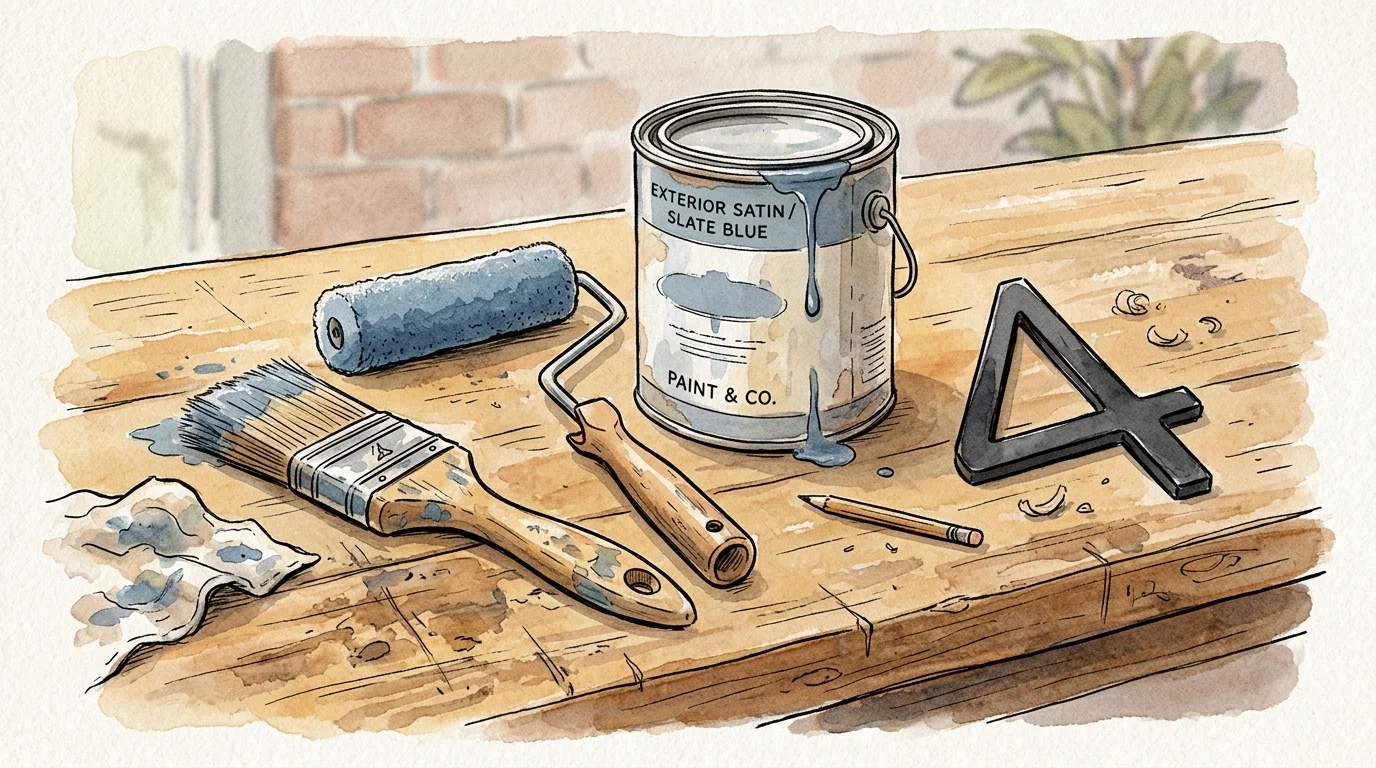 Ink and watercolor illustration of a quart of paint, an angled paint brush, a foam roller, and a black house number on a workbench.