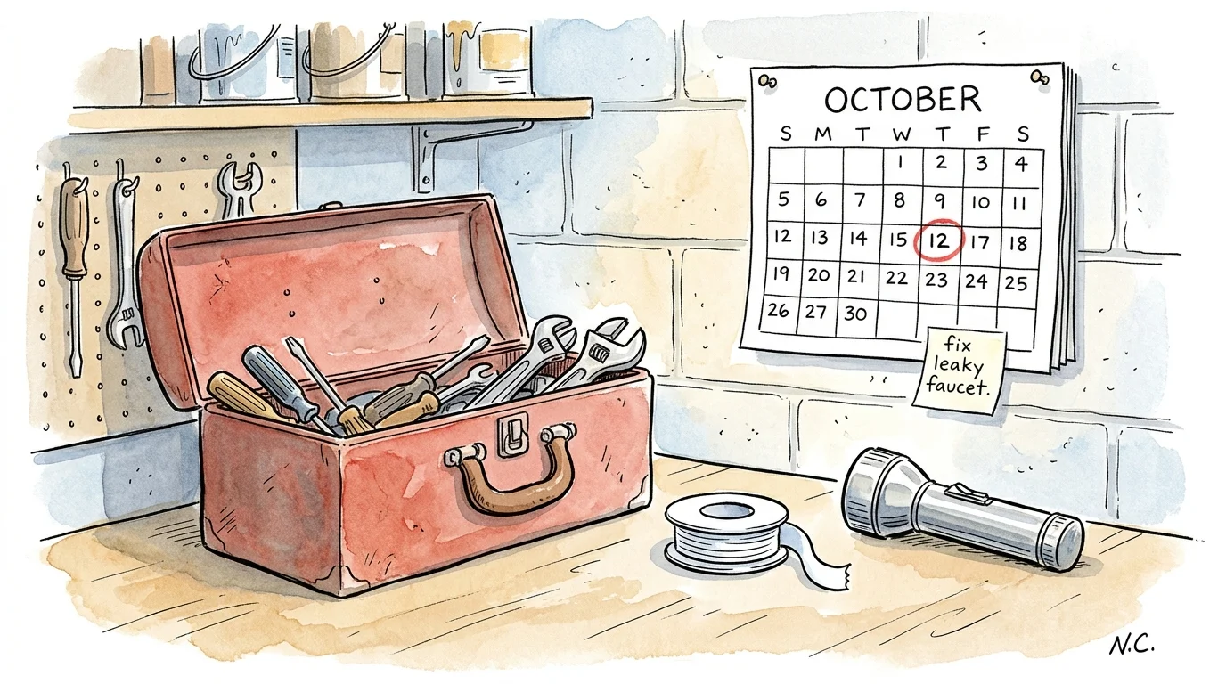 Ink and watercolor illustration of a red toolbox on a workbench next to thread-seal tape, under a calendar with a circled date.