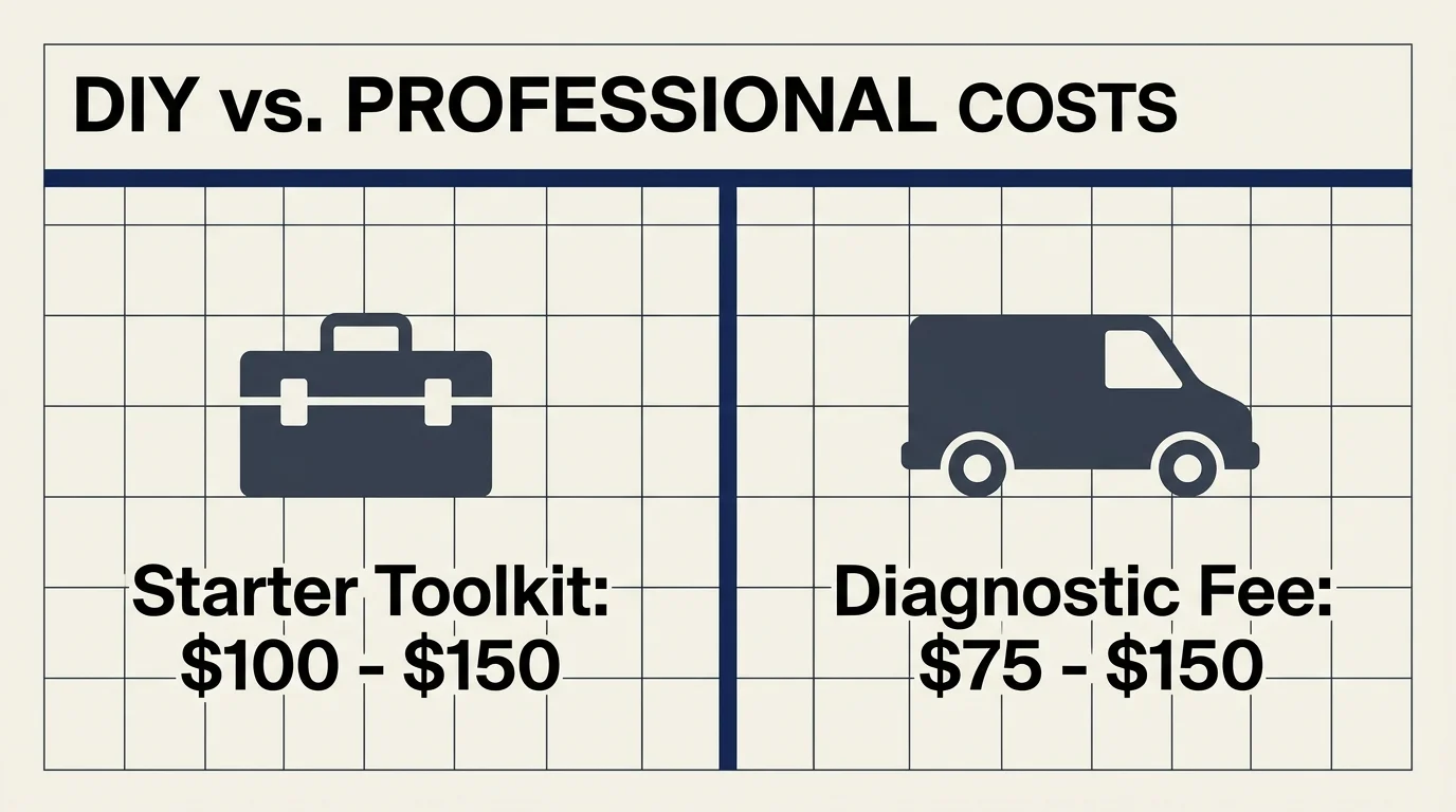 Minimalist infographic comparing a one-time DIY starter toolkit cost of $100-$150 to a single professional diagnostic fee of $75-$150.