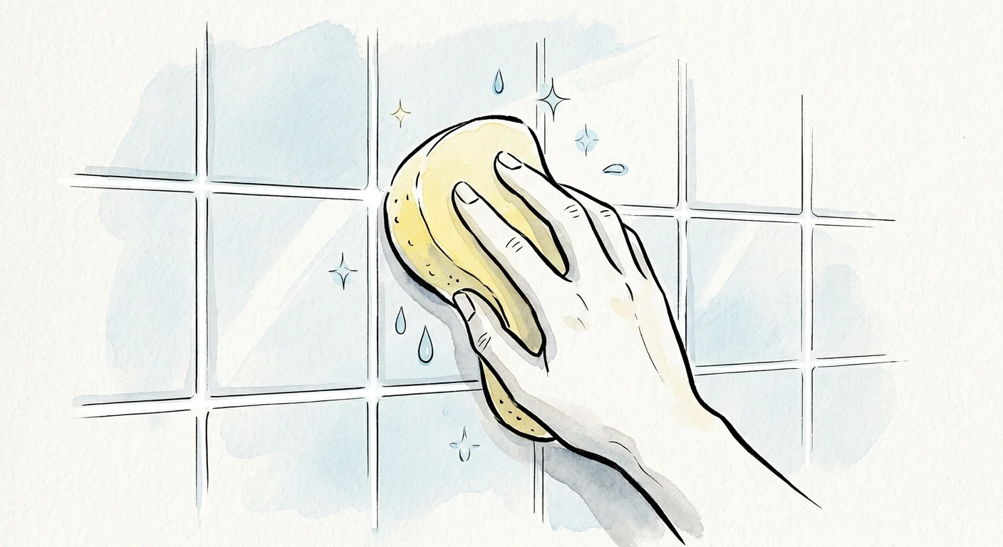 Minimalist ink and watercolor illustration of a hand wiping clean white tiles with a sponge.