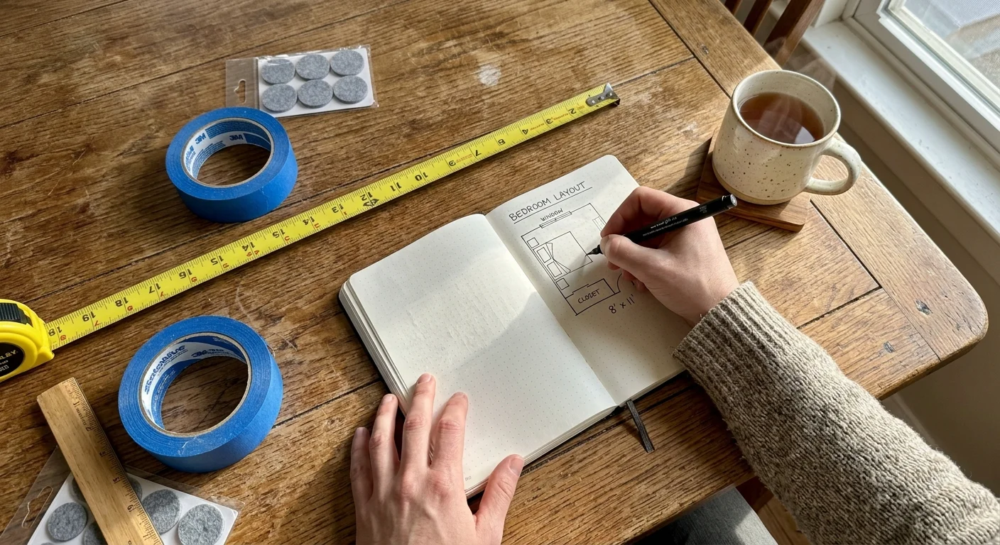 Overhead view of hands sketching a bedroom layout in a notebook next to a tape measure, blue painter's tape, and furniture sliders.