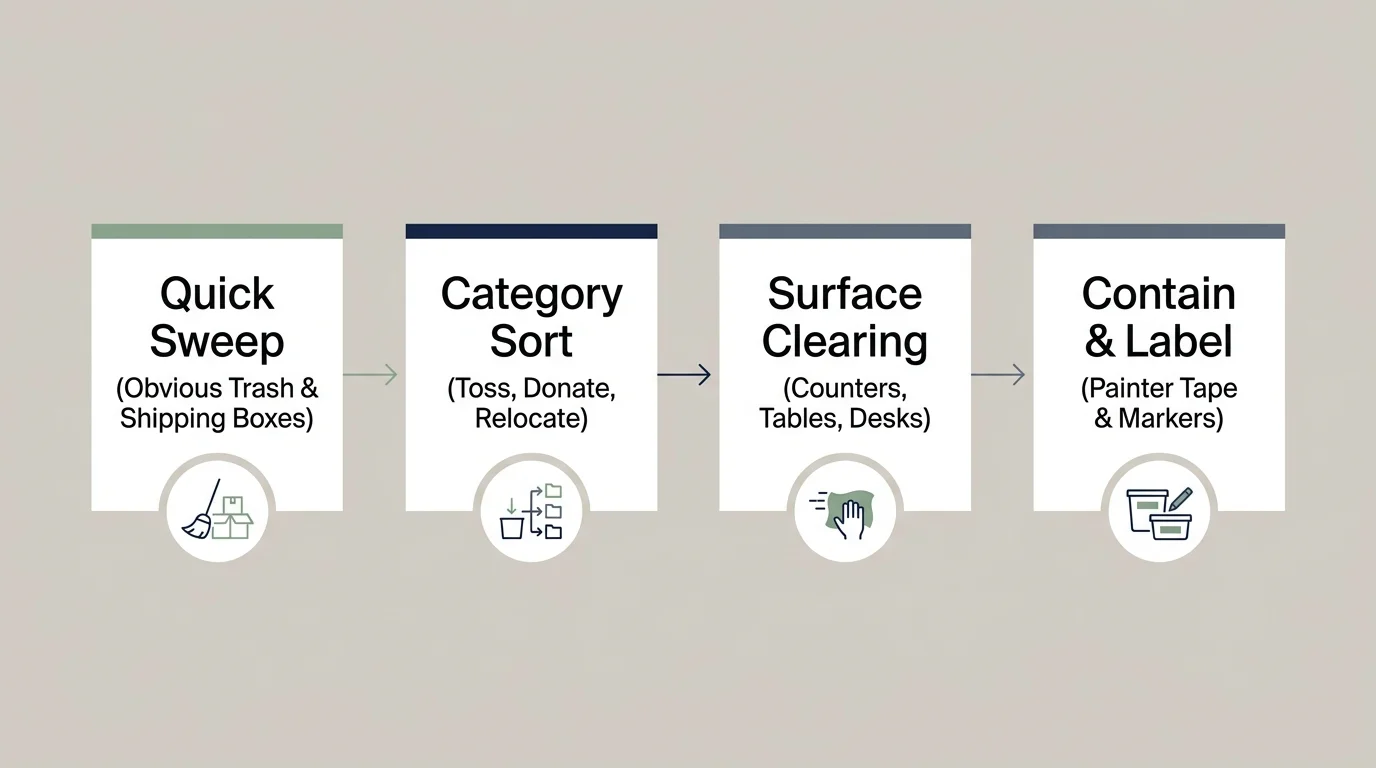Diagram showing four steps: Quick Sweep, Category Sort, Surface Clearing, and Contain & Label with icons.