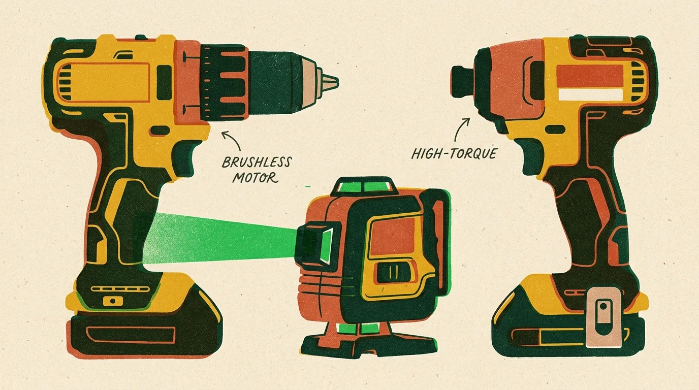 Risograph-style illustration of a brushless drill, an impact driver, and a laser level with warm retro colors.