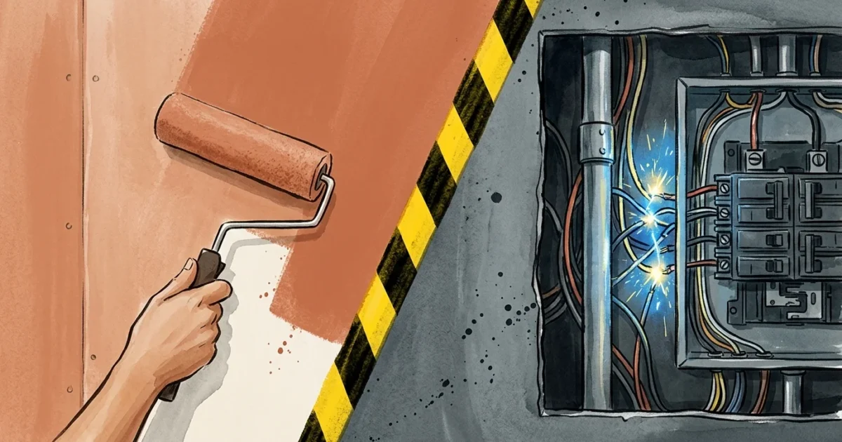 Split-screen illustration showing a safe DIY painting project on the left and dangerous electrical wiring on the right.