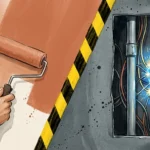Split-screen illustration showing a safe DIY painting project on the left and dangerous electrical wiring on the right.