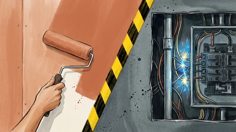 Split-screen illustration showing a safe DIY painting project on the left and dangerous electrical wiring on the right.