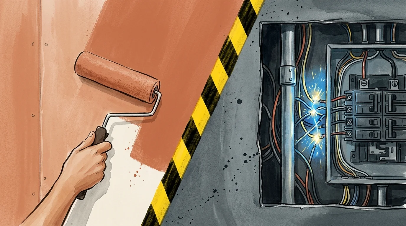 Split-screen illustration showing a safe DIY painting project on the left and dangerous electrical wiring on the right.