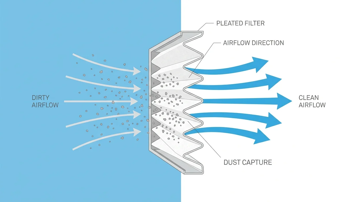 Technical schematic diagram showing dirty air passing through a clean pleated HVAC filter and emerging as clean airflow.