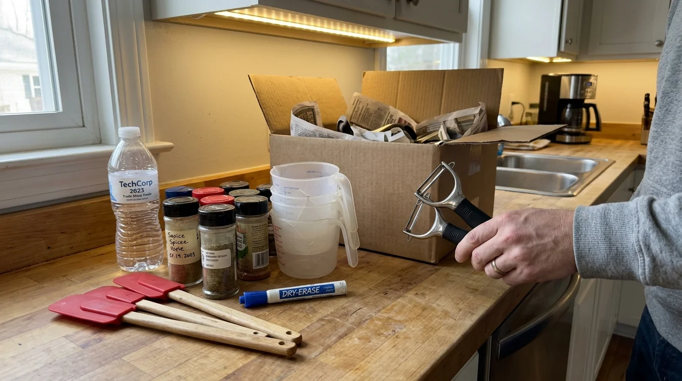 Duplicate spatulas, measuring cups, and spice jars sit on a kitchen counter beside a cardboard box and a person holding peelers.
