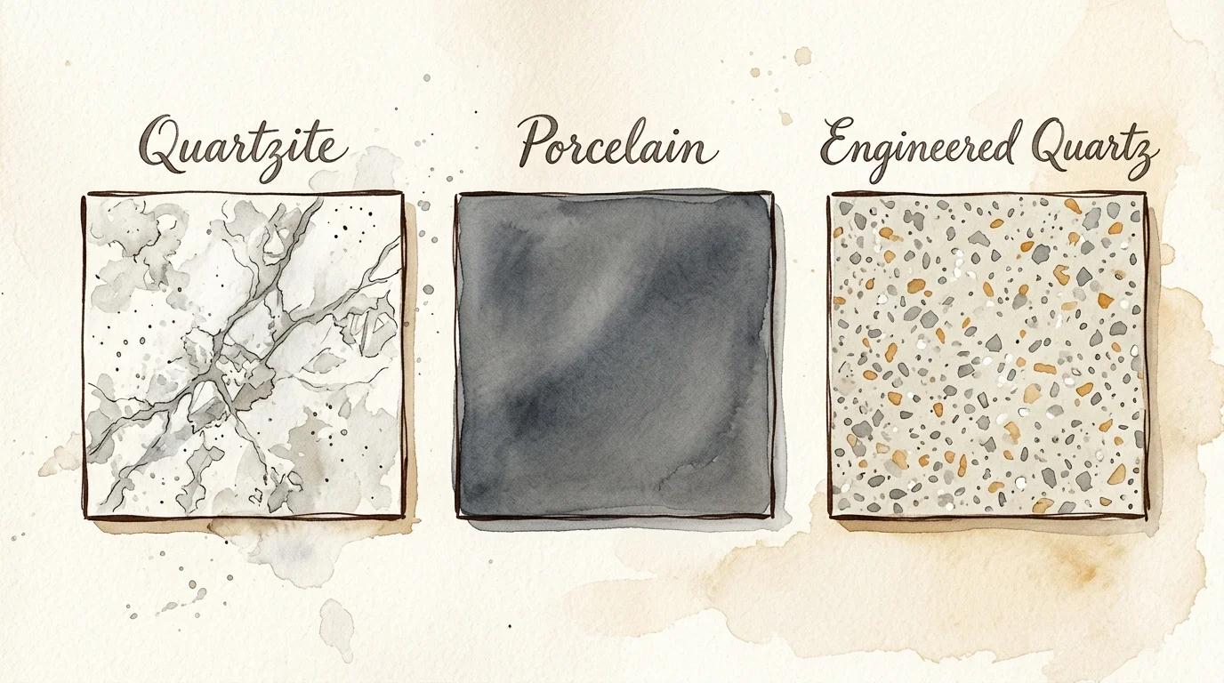 Watercolor and ink illustration of countertop material swatches labeled Quartzite, Porcelain, and Engineered Quartz.