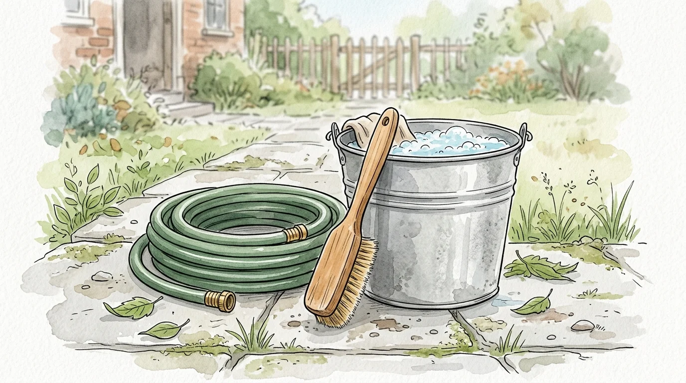 Watercolor illustration of a neatly coiled green hose, a galvanized bucket of soapy water, and a wooden scrub brush.