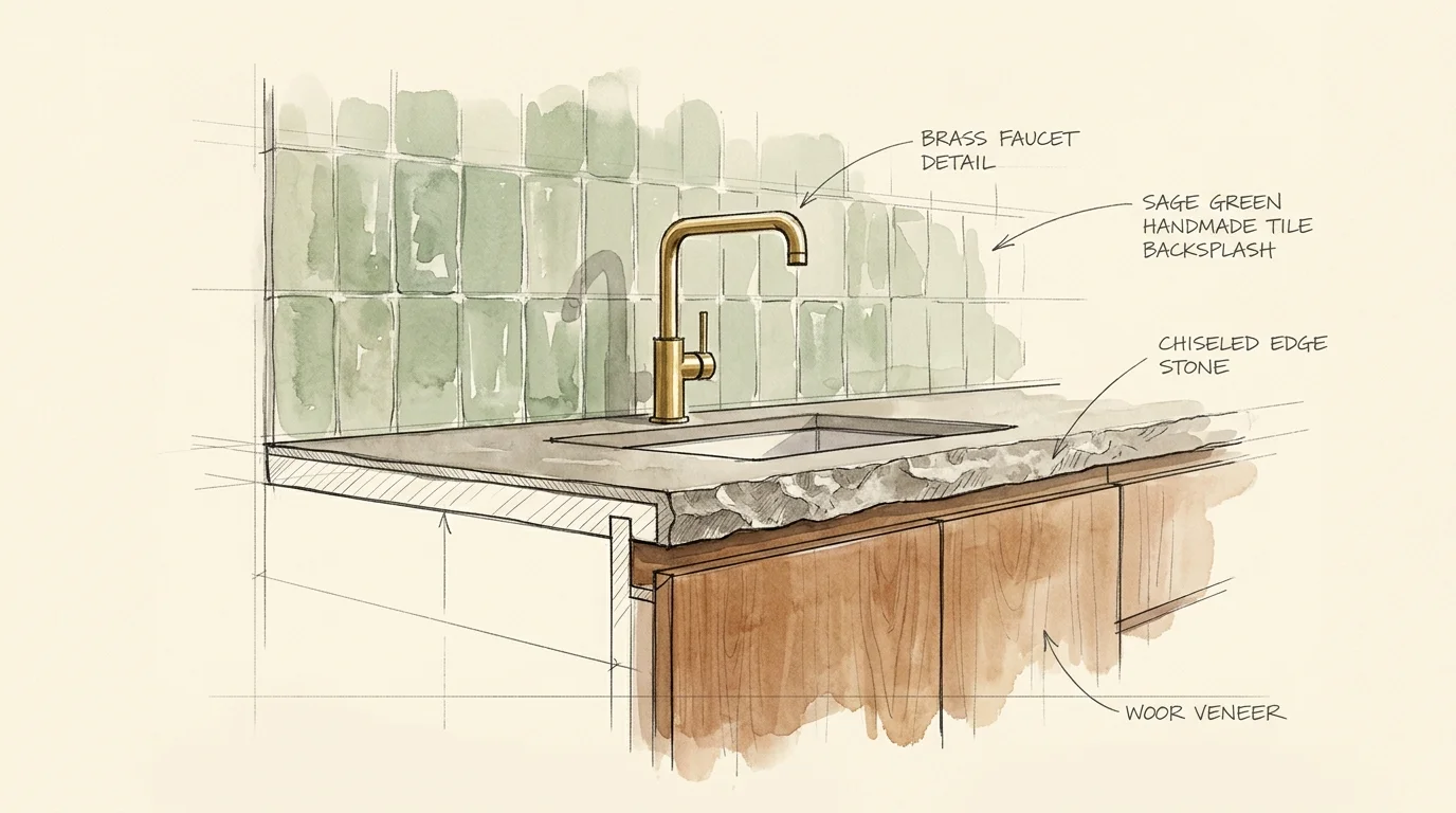 Watercolor illustration showing a kitchen design concept with a matte countertop edge, textured backsplash, and brass fixtures.