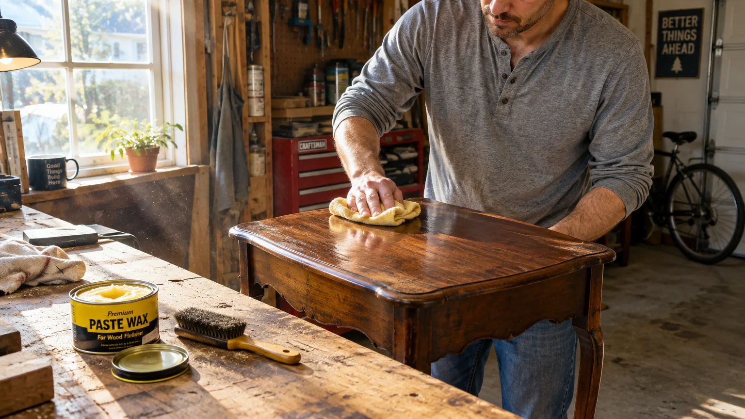 A man rubs a cloth over a wooden side table next to an open can of paste wax in a workshop.