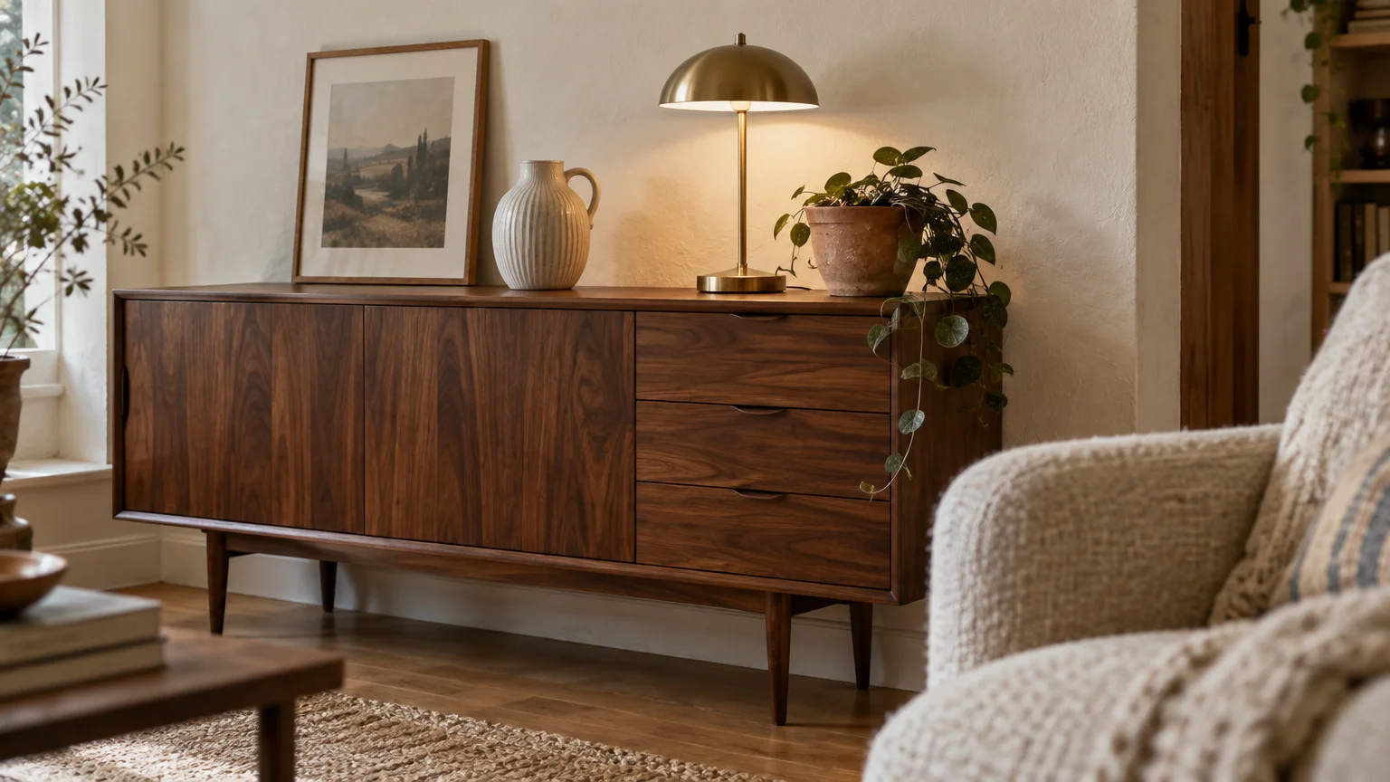 Mid-century wood sideboard topped with a framed picture, ribbed ceramic jug, brass dome lamp, and potted trailing plant.