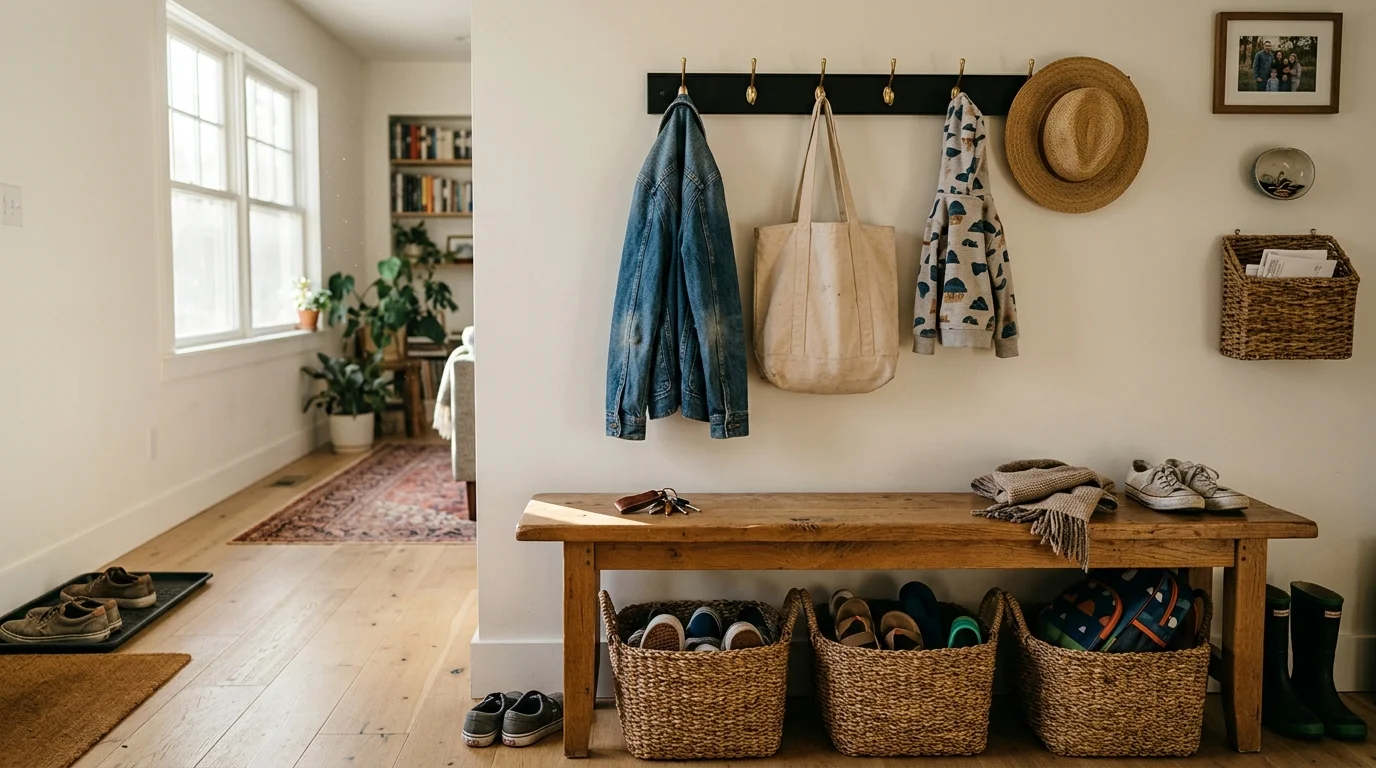 Entryway with coats on wall hooks above a wooden bench, shoe baskets underneath, and a bright hallway in the background.