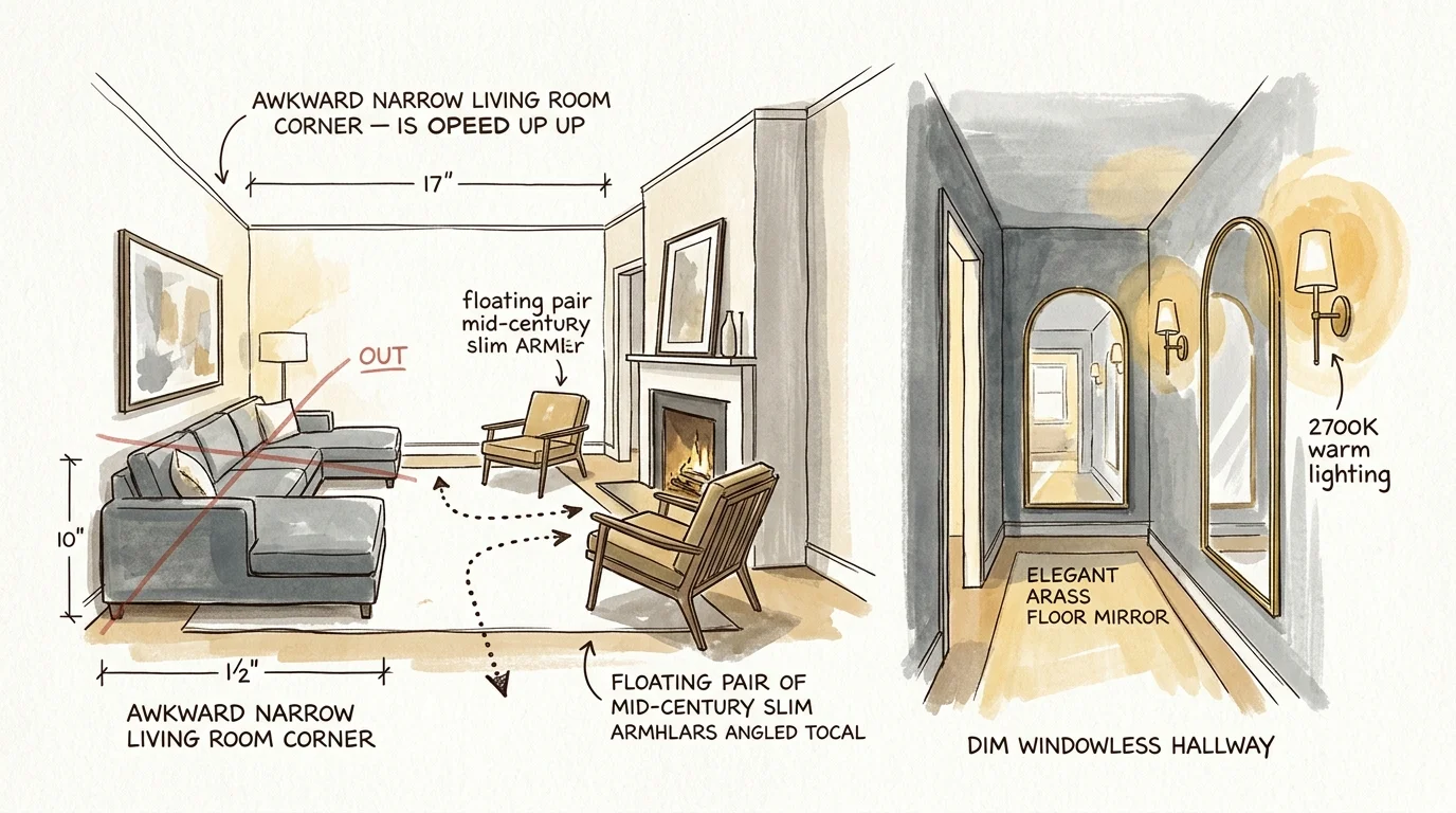 Architectural sketches showing an awkward living room layout with furniture placement alongside a dim hallway with mirrors.