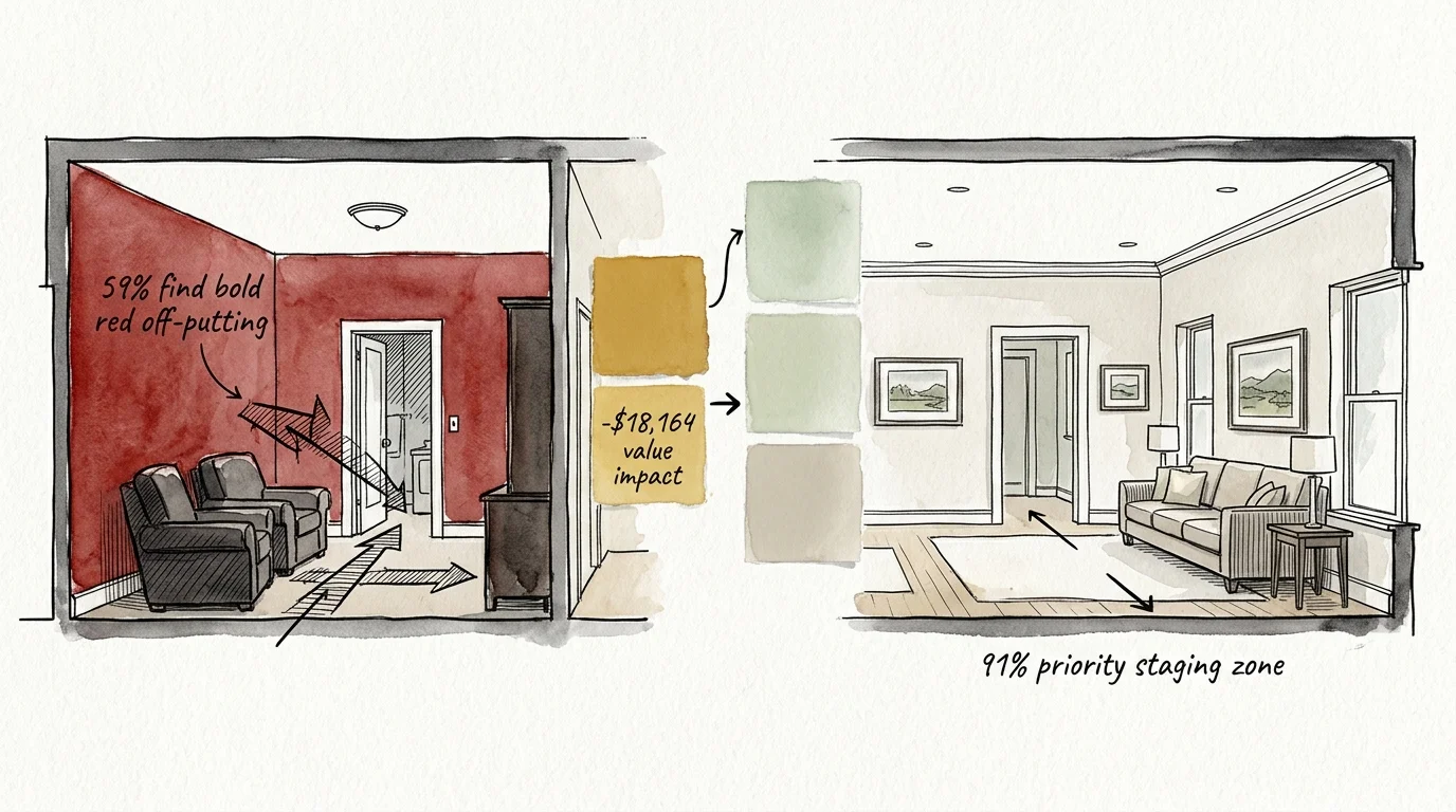 Watercolor sketch comparing a dark red room with paint swatches to an airy living room staged in neutral tones.