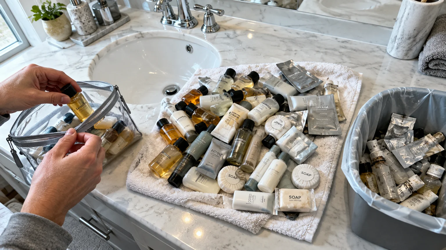 Person sorting miniature hotel toiletries on a marble bathroom vanity between a trash bin and a clear travel pouch.