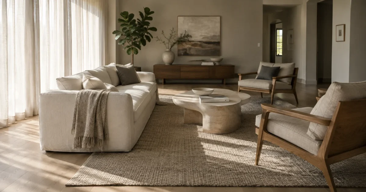 Bright living room with a white sofa, two wooden armchairs, a stone coffee table, and a jute rug near sheer curtains.