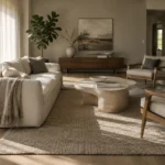 Bright living room with a white sofa, two wooden armchairs, a stone coffee table, and a jute rug near sheer curtains.