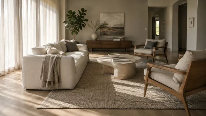 Bright living room with a white sofa, two wooden armchairs, a stone coffee table, and a jute rug near sheer curtains.