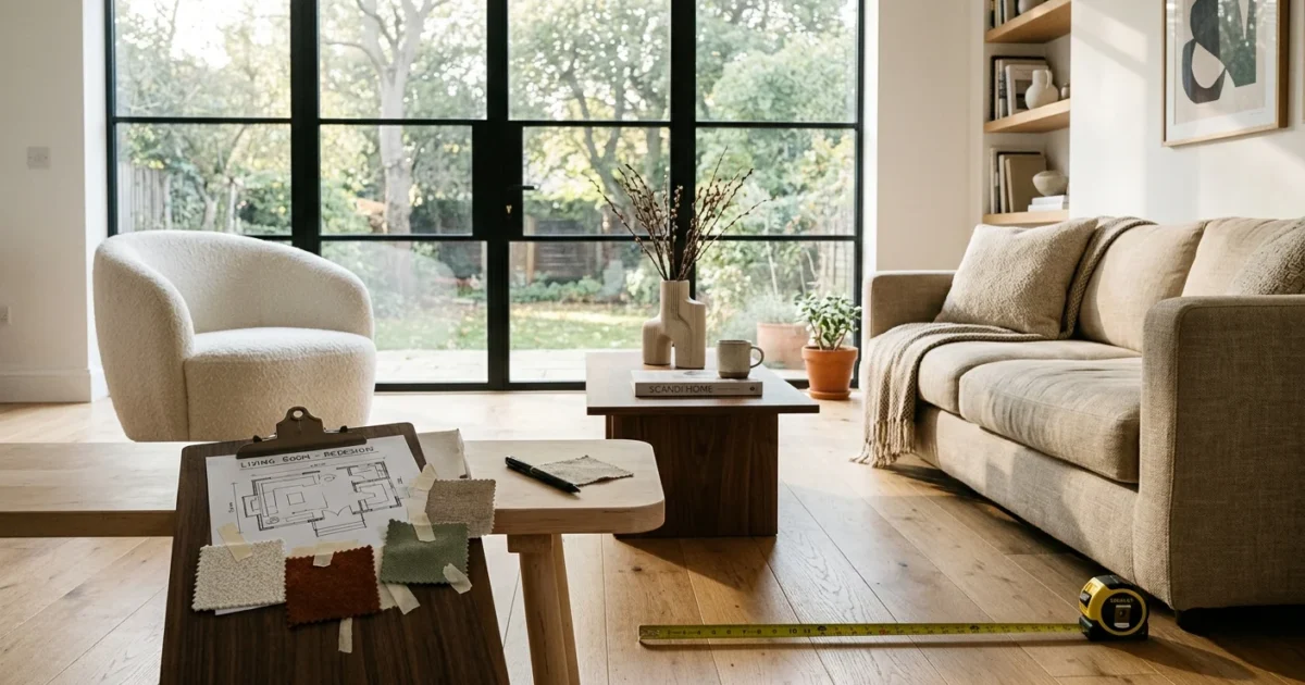 Modern living room with a sofa, chair, floor plan on a clipboard with fabric swatches, and a tape measure on the floor.