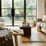 Modern living room with a sofa, chair, floor plan on a clipboard with fabric swatches, and a tape measure on the floor.