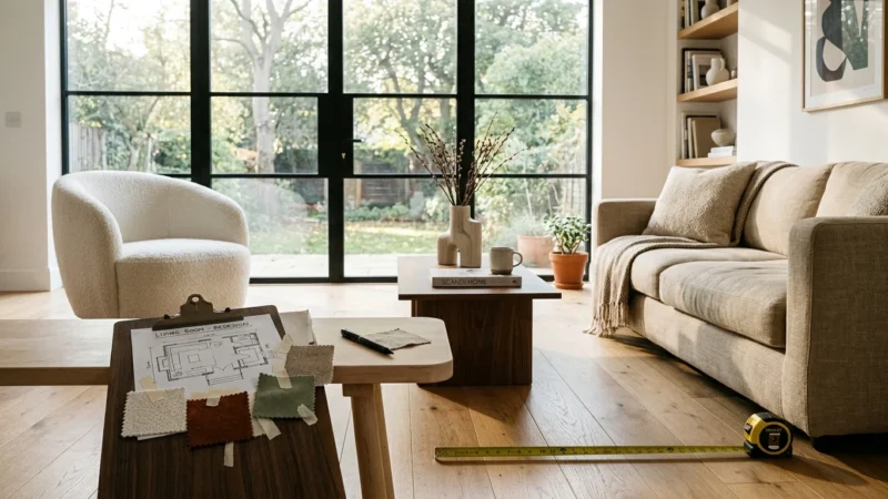 Modern living room with a sofa, chair, floor plan on a clipboard with fabric swatches, and a tape measure on the floor.