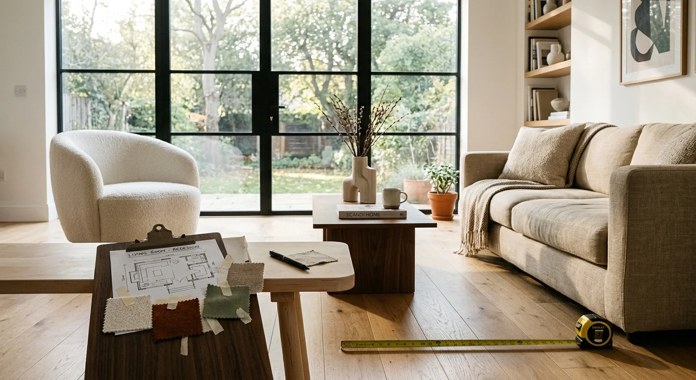 Modern living room with a sofa, chair, floor plan on a clipboard with fabric swatches, and a tape measure on the floor.