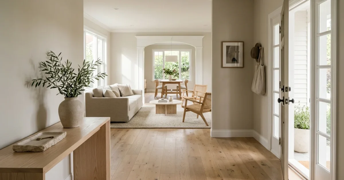 Bright foyer with light wood floors opening to a neutral living room with sofa, coffee table, and dining area.
