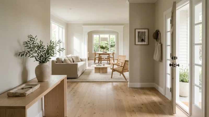 Bright foyer with light wood floors opening to a neutral living room with sofa, coffee table, and dining area.