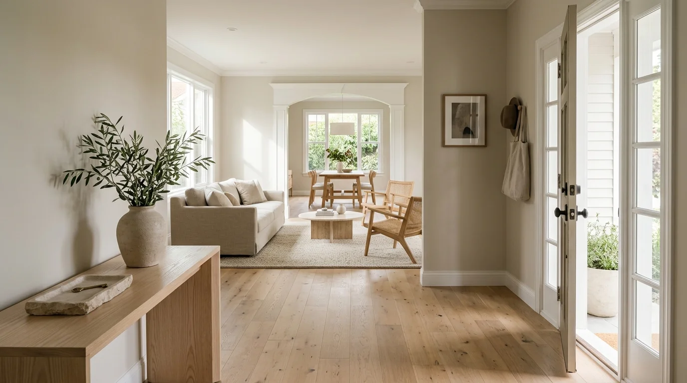 Bright foyer with light wood floors opening to a neutral living room with sofa, coffee table, and dining area.