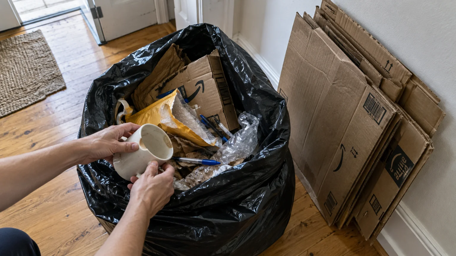 Hands placing a chipped ceramic mug into a black trash bag filled with cardboard boxes, padded mailers, and pens.