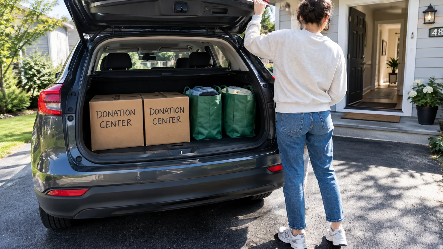 A woman stands behind an open SUV trunk containing cardboard donation center boxes and reusable bags.