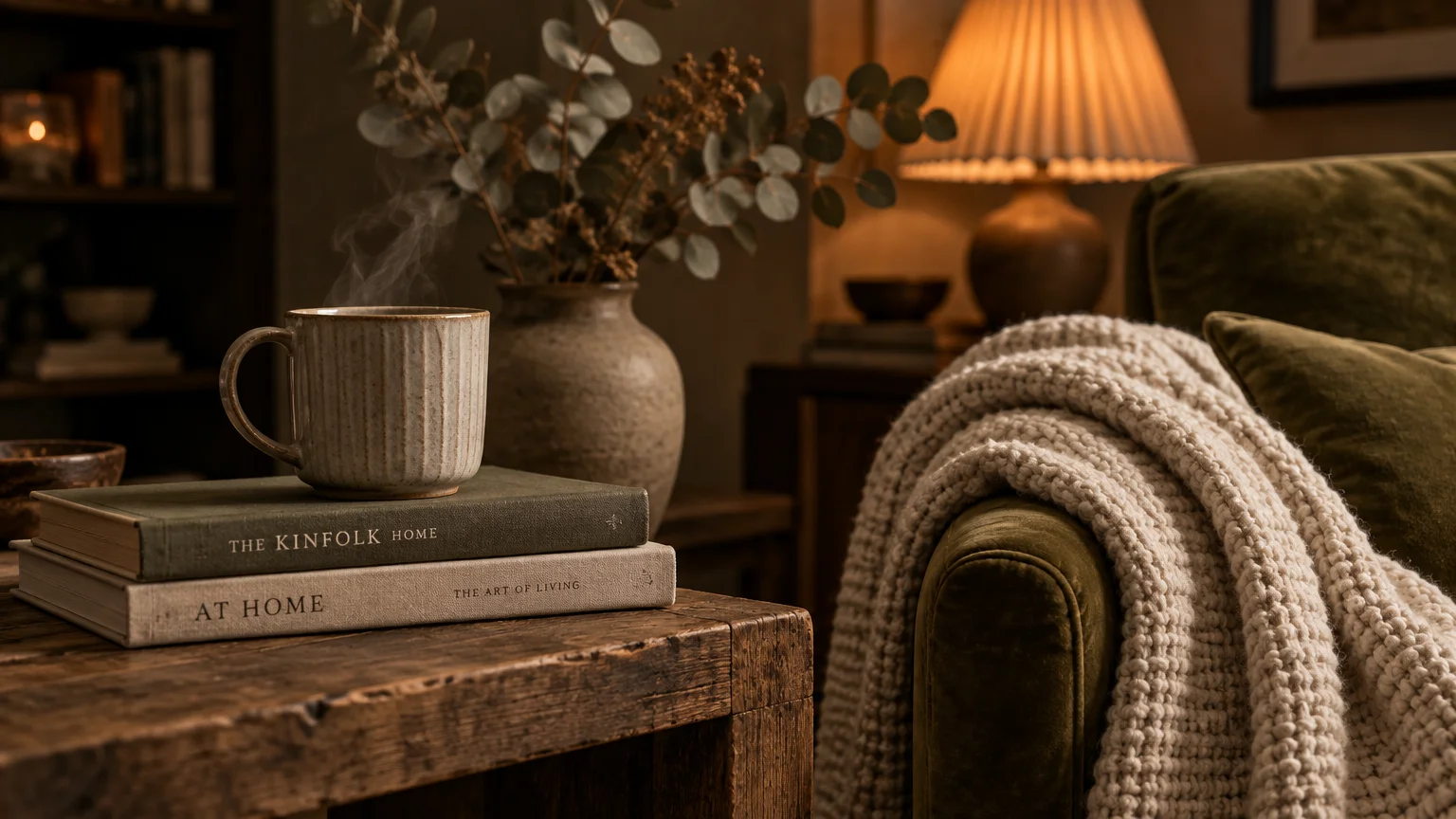 Steaming ceramic mug on stacked books atop a rustic wooden table next to a green armchair draped with a knit blanket.