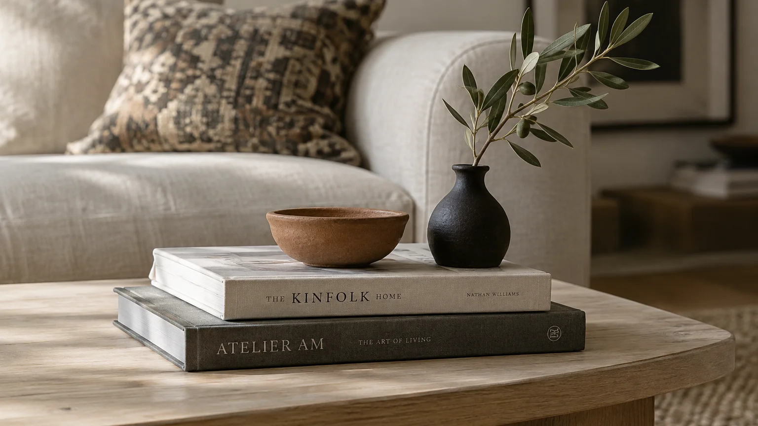 Hardcover books, a small terracotta bowl, and an olive sprig in a black vase resting on a light wood coffee table.