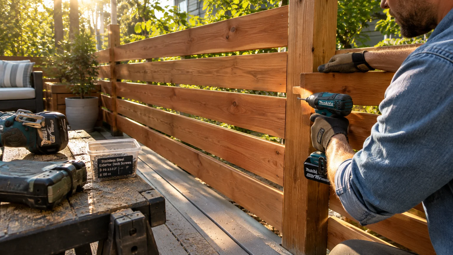A man uses a cordless impact driver to screw horizontal wood slats onto a sturdy outdoor deck post.