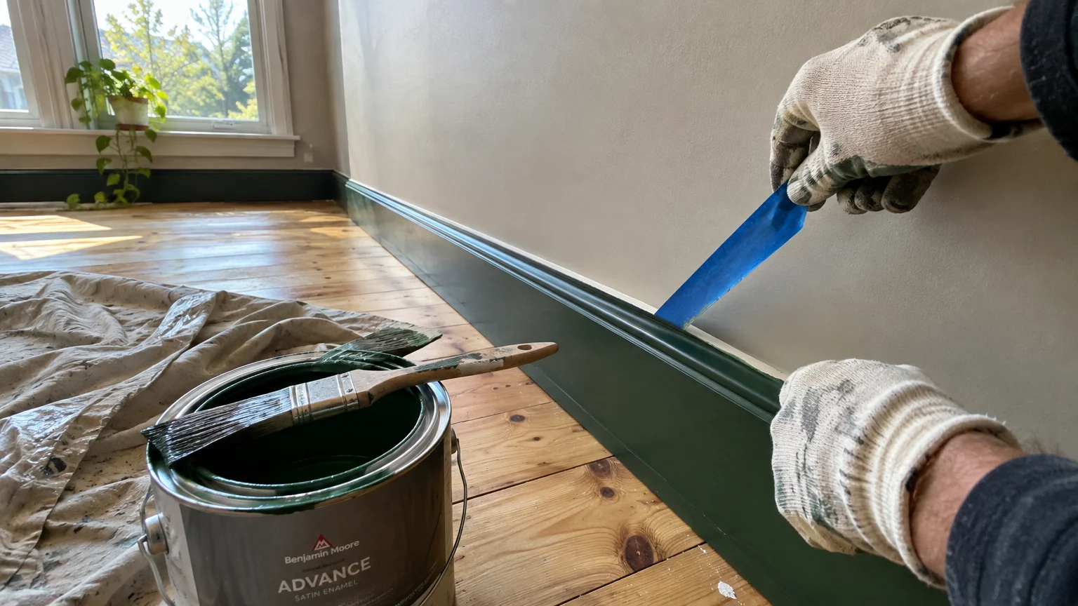 Gloved hands peeling blue painter's tape from a wall above freshly painted dark green baseboards beside a paint can.
