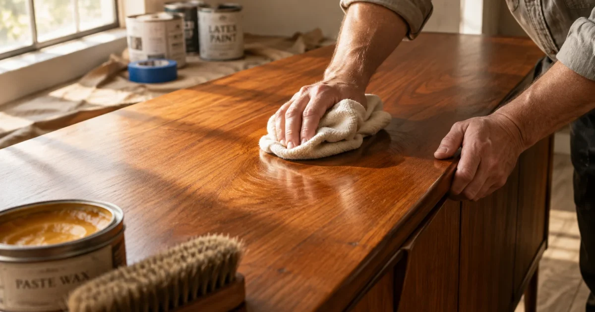 A person rubs paste wax onto a polished wooden credenza using a white cloth, near a brush and paint cans.
