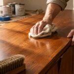 A person rubs paste wax onto a polished wooden credenza using a white cloth, near a brush and paint cans.