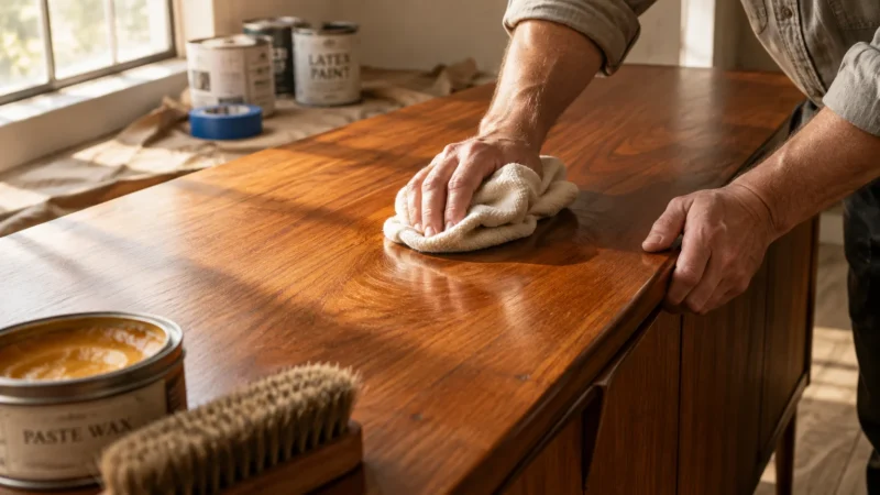 A person rubs paste wax onto a polished wooden credenza using a white cloth, near a brush and paint cans.